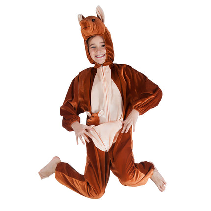 Kinderkostuum kangoeroe pluche in bruin met capuchonkop, buidel met kangoeroetje en rits, voor carnaval