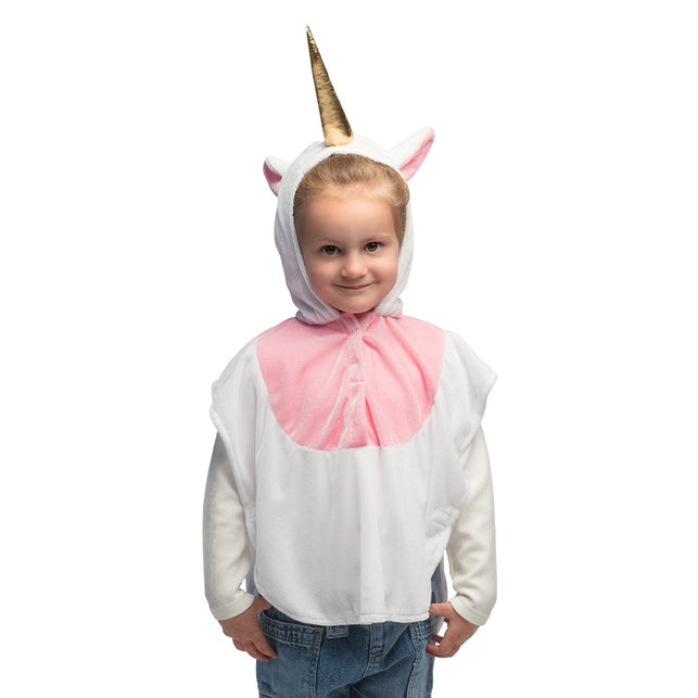 Kinderponcho eenhoorn wit met roze borststuk en gouden hoorn op de capuchon, voor een kinderfeestje