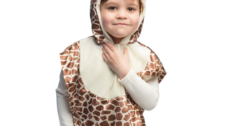 Kinderponcho giraffe met bruin-wit vlekkenpatroon en capuchon met oortjes, voor een kinderfeestje