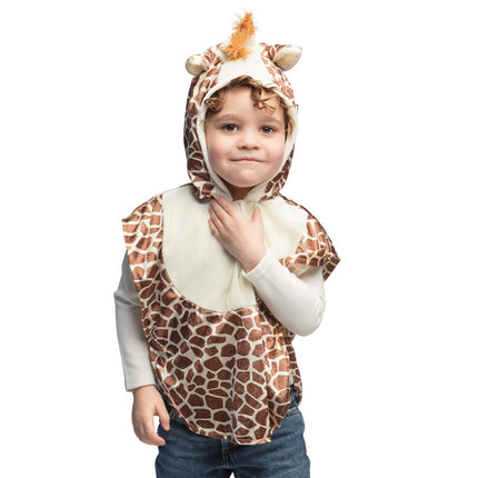 Kinderponcho giraffe met bruin-wit vlekkenpatroon en capuchon met oortjes, voor een kinderfeestje