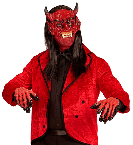 Kinloos masker duivel rood gedragen door heer met rood colbert op Halloween
