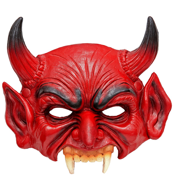 Kinloos masker duivel rood met zwarte hoorns, spitse oren en twee lange hoektanden