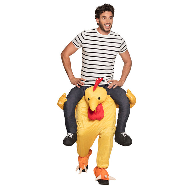 Kip instapbroek volwassenen in geel met rode kam, lel en oranje poten, voor een verkleedfeest