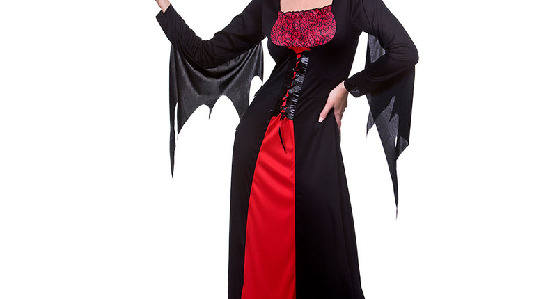 Klassiek vampier jurkje in zwart met rode baan, hoge rode kraag en vleermuismouwen voor Halloween