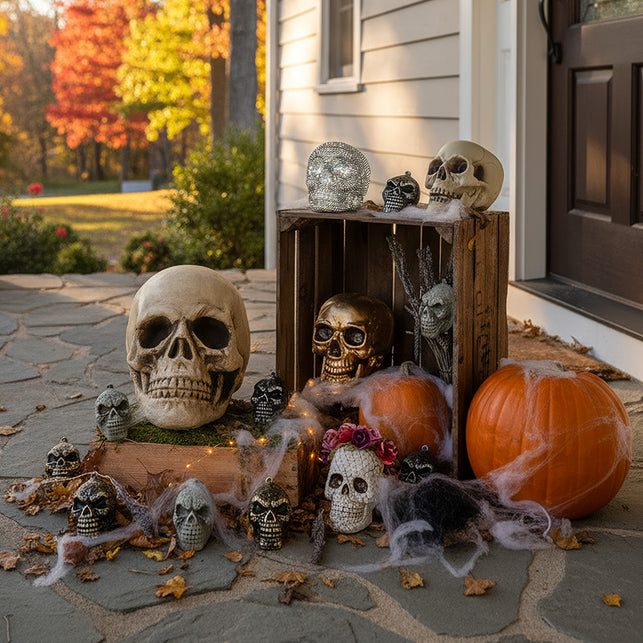 Kleine schedels in naturel, goud en zilver tussen pompoenen bij een voordeur tijdens Halloween