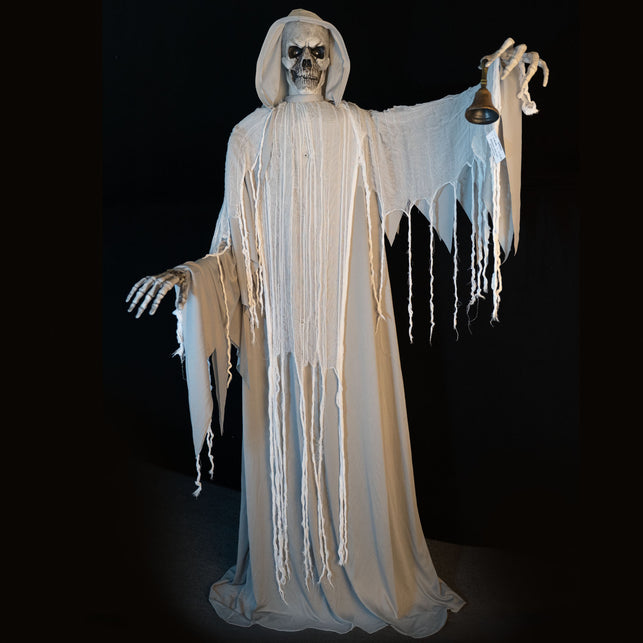 Klokkenluider skelet animatronic van 182 cm met capuchon, gerafeld gaasgewaad en bronzen bel voor Halloween