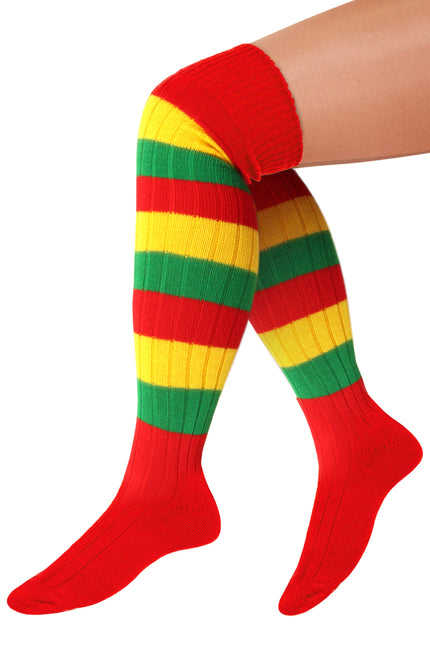 Kniekousen rood geel groen met brede strepen, geribbeld en tot over de knie, voor carnaval