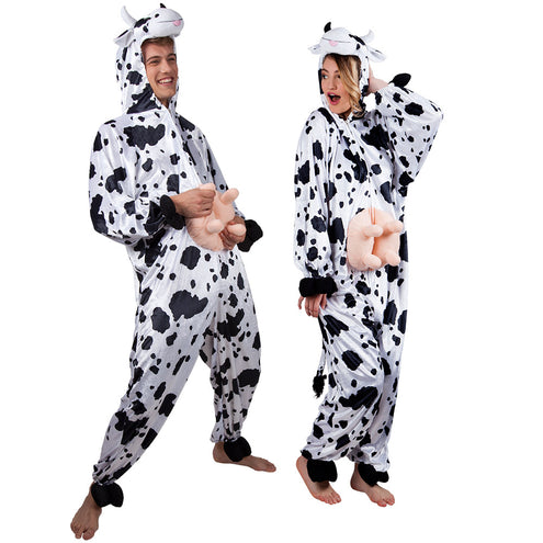 Koe onesie pluche gedragen door man en vrouw, unisex model met staart