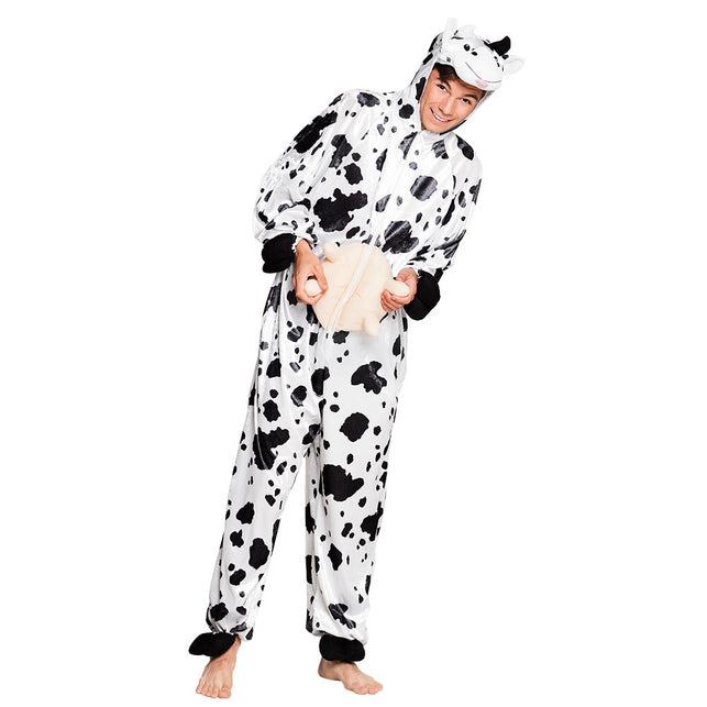 Koe onesie pluche in wit met zwarte vlekken, capuchon met koeienkop en pluche uier