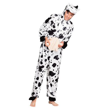 Koe onesie pluche in wit met zwarte vlekken, capuchon met koeienkop en pluche uier
