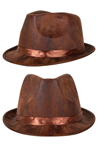 Kojac hoed leather look bruin, voor- en achterzijde met satijnen sierband
