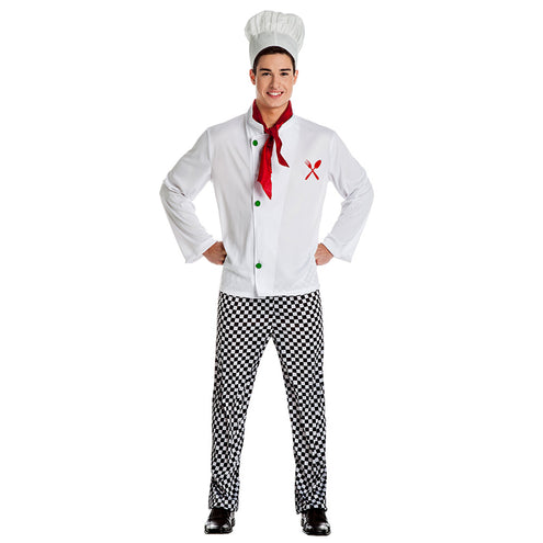 Kok kostuum heren met witte koksjas, zwart-wit geblokte broek, koksmuts en rood sjaaltje voor een themafeest