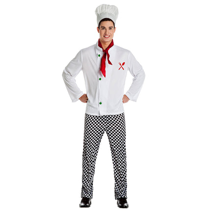 Kok kostuum heren met witte koksjas, zwart-wit geblokte broek, koksmuts en rood sjaaltje voor een themafeest