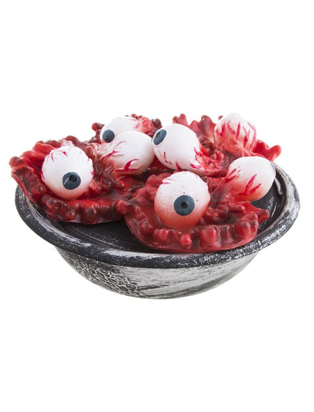 Kom met oogballen, grijszwarte schaal van 19 cm met witte oogballen en rood weefsel voor Halloween