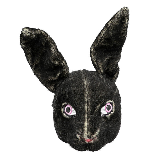 Konijnenmasker van zwart pluche, vooraanzicht met rechtopstaande oren en roze omlijnde ogen