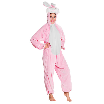 Konijnenpak tiener in roze pluche met capuchon, konijnenoren en witte buik, gedragen op een themafeest