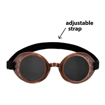 Koperkleurige stofbril uit de accessoireset Steampunk 4-delig met donkere ronde glazen en zwarte verstelbare band