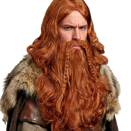 Koperkleurige vikingpruik met baard en snor, gedragen met golvend lang haar en middenscheiding