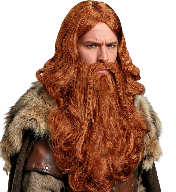 Koperkleurige vikingpruik met baard en snor, gedragen met golvend lang haar en middenscheiding