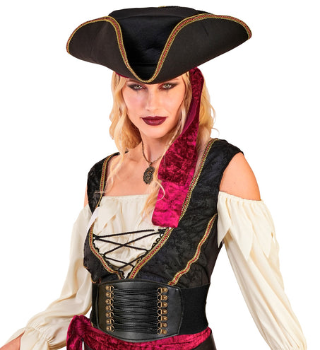 Korset riem zwart met kruislings geregen veters bij een piratenjurk met piratenhoed