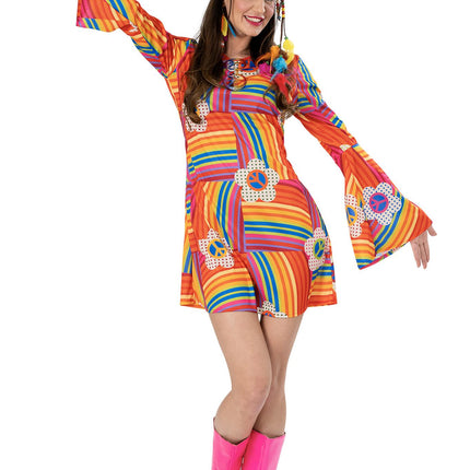 Korte hippiejurk Sjanel met wijd uitlopende trompetmouwen voor een flower power-feest