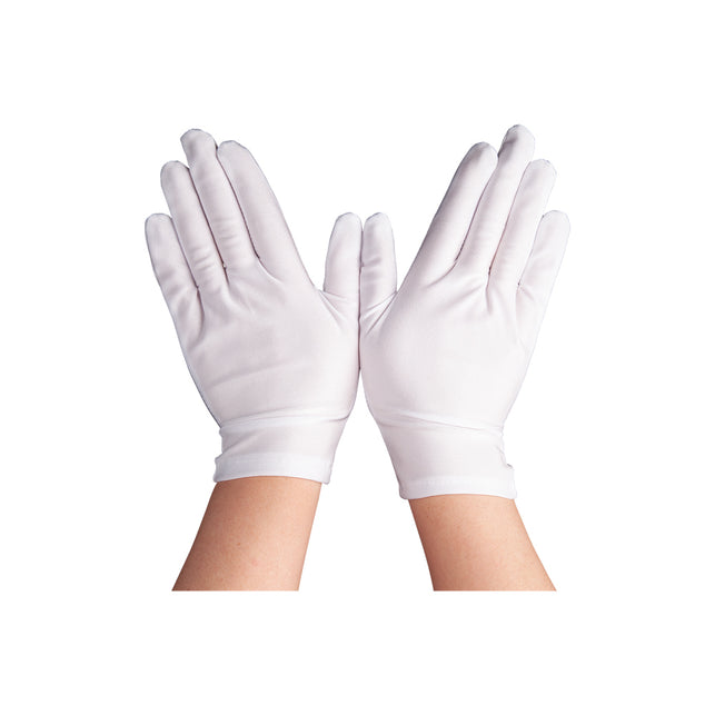 Korte witte dameshandschoenen Lini, effen vingerhandschoenen tot net over de pols voor een pietenpak tijdens Sinterklaas