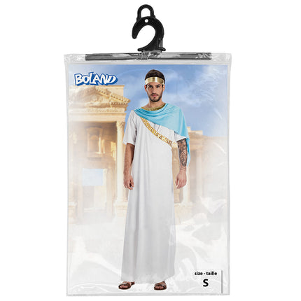 Kostuum Aurelius Romeinse keizer heren in verpakking maat S, witte toga met goudkleurige meanderband