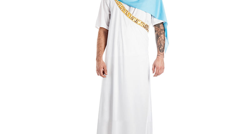 Kostuum Aurelius Romeinse keizer heren, wit gewaad met lichtblauwe omslagdoek en gouden hoofdband voor een togafeest