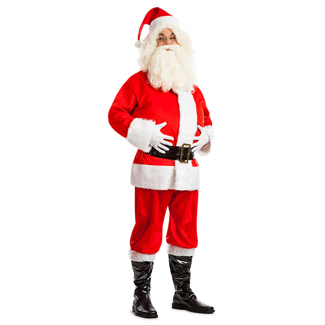 Kostuum Diamond Santa: rood kerstmanpak met witte pluche randen, zwarte riem en laarstops voor heren