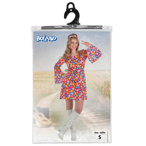 Kostuum hippie flower power dames in de Boland-verpakking, maat S, met veelkleurige bloemenprint