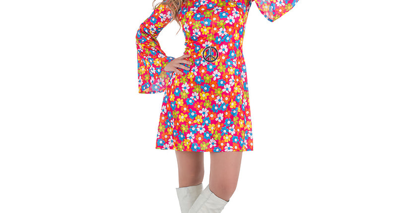 Kostuum hippie flower power dames, korte bloemenjurk met klokmouwen en hoofdband voor een jaren 60-feest