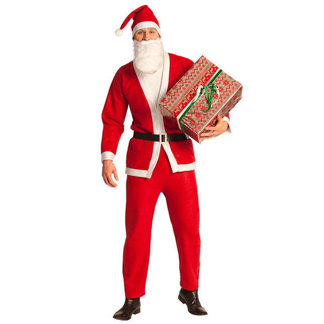 Kostuum Kerstman promo voor heren: rode jas met witte biezen, zwarte riem, muts en witte baard voor Kerst