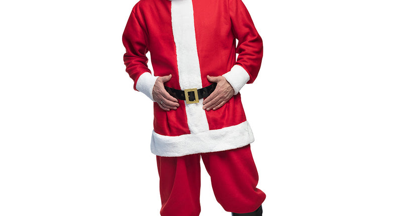 Kostuum Kerstman in rood met witte pluche randen, zwarte riem en kerstmuts, voor Kerst