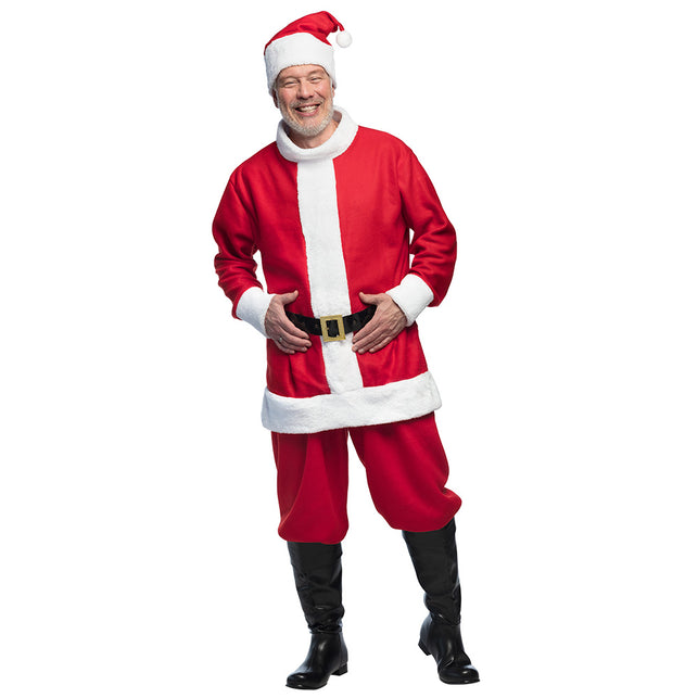 Kostuum Kerstman in rood met witte pluche randen, zwarte riem en kerstmuts, voor Kerst