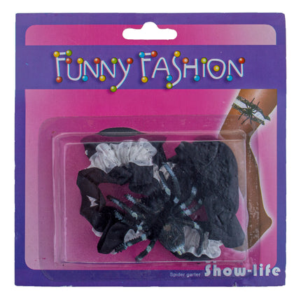 Kousenband met spin van Funny Fashion in de verpakking op kaart