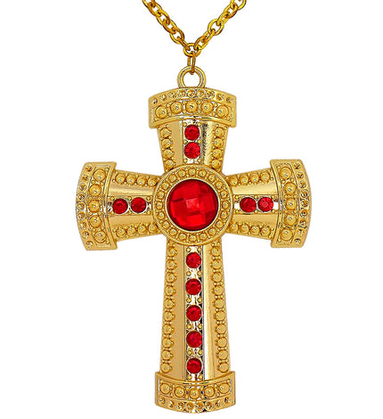 Kruis met edelsteen aan ketting, goudkleurige hanger met grote rode middensteen en rijen kleine rode steentjes