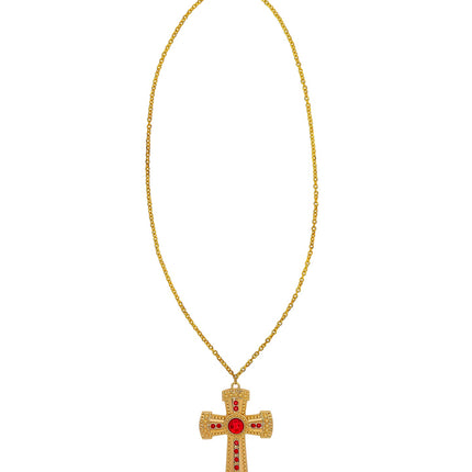 Kruis met edelsteen aan ketting in volle lengte, goudkleurige schakelketting met karabijnsluiting