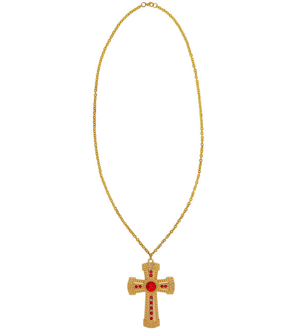 Kruis met edelsteen aan ketting in volle lengte, goudkleurige schakelketting met karabijnsluiting
