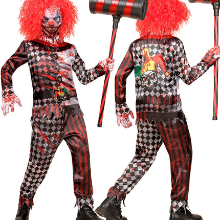 Kwaadaardige clown kostuum kind gedragen met masker, geplooide kraag en gepunte zigzagzoom