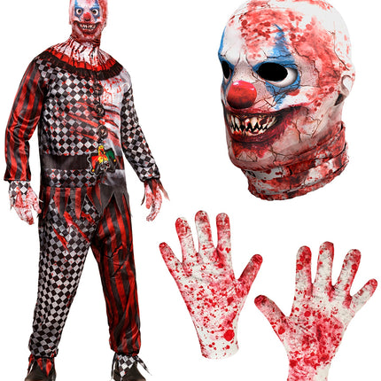 Kwaadaardige clown kostuum Mila compleet: jas, broek, bloederige handschoenen en clownmasker