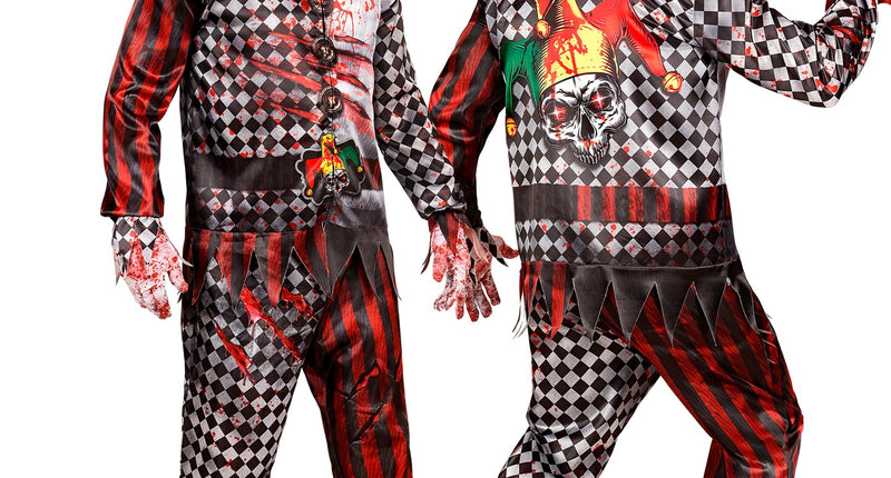 Kwaadaardige clown kostuum Mila met ruitprint, bloedspatten en masker, voor- en achterkant, voor Halloween