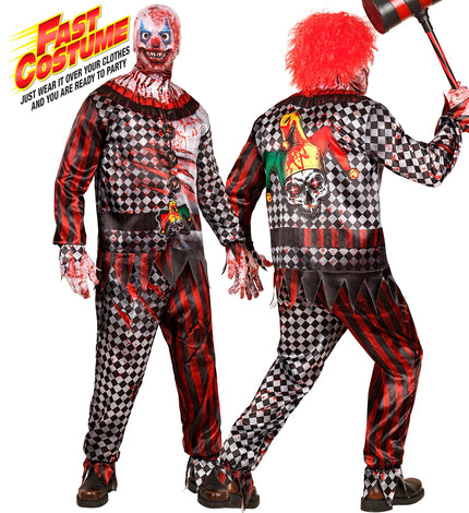 Kwaadaardige clown kostuum Mila met ruitprint, bloedspatten en masker, voor- en achterkant, voor Halloween