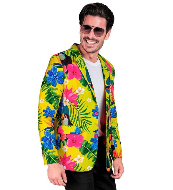 Lachende man in open colbert tropicana toekan met roze knopen, tropisch jasje voor een hawaiifeest