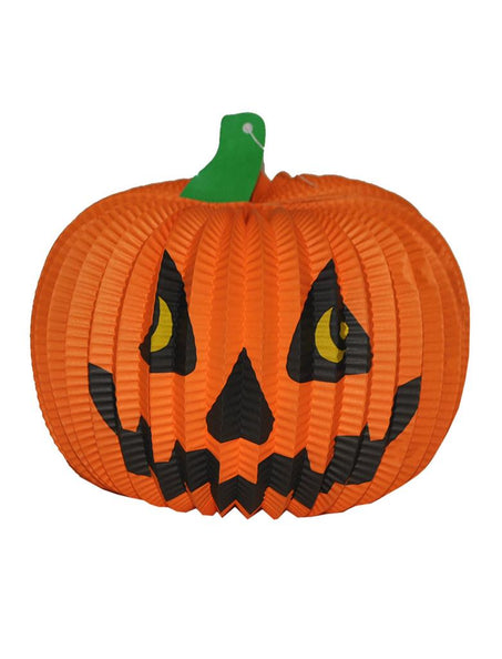 Lampion pompoen van papier, oranje met zwart gezicht, gele ogen en groene steel, Halloween hangdecoratie