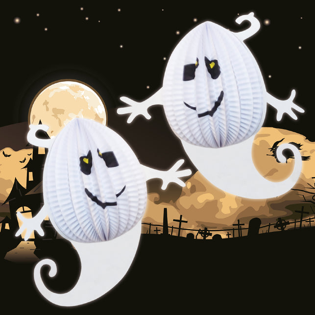 Lampion spook van wit geplooid papier met zwart-gele ogen, lachende mond en gekrulde staart voor Halloween