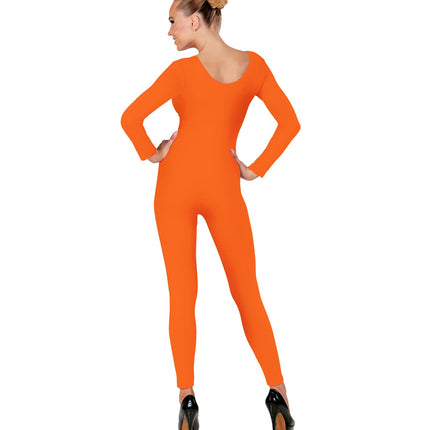 Lange body oranje voor dames op de rug gezien, met lage ronde uitsnijding en pijpen tot de enkel