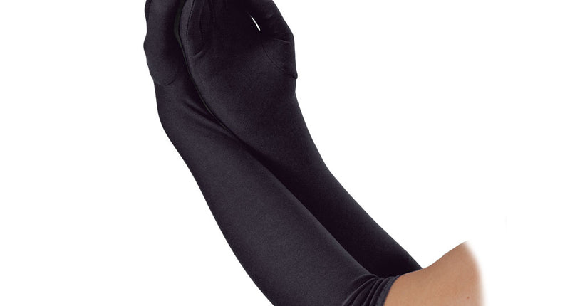 Lange handschoenen zwart van 43 cm, glanzend zwart en tot over de elleboog, voor een glamourfeest