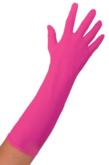 Lange nylon handschoenen roze, felroze en glad, tot halverwege de onderarm, voor een themafeest