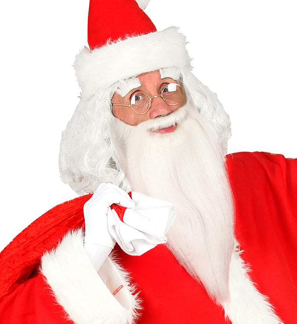 Lange witte baard met snor voor heren, wit haar rond kin en mond, bij een rode kerstoutfit
