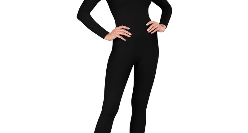 Lange zwarte body voor dames met lange mouwen, ronde hals en enkellange pijpen, van voren gedragen